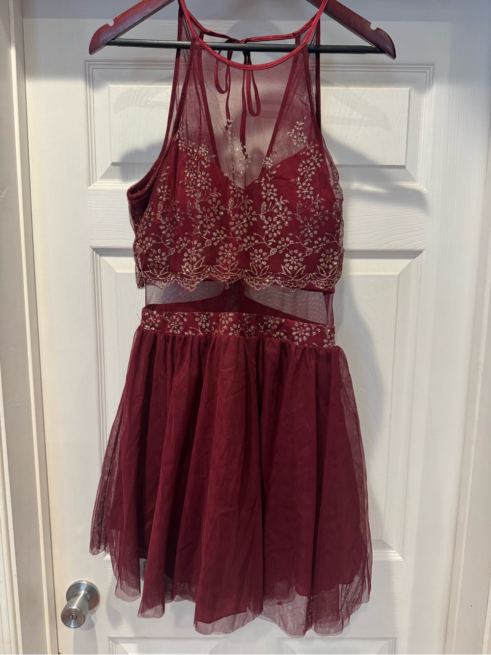 Teeze Me Burgundy Mesh Embroidered Party Dress